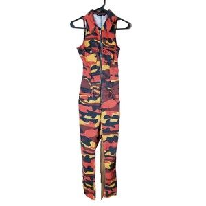 V.I.P. Jeans Women's Camo Size Sm Slim Fit Overalls Jumpsuit Orange Yellow Black